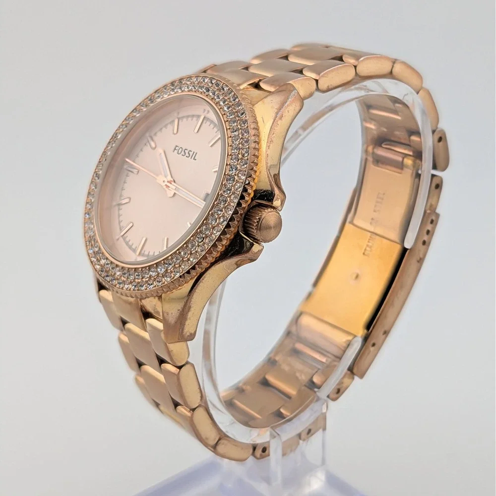Fossil Retro Traveler AM4454 Watch Rose Gold Crystal Bezel Guilloche Dial 36mm